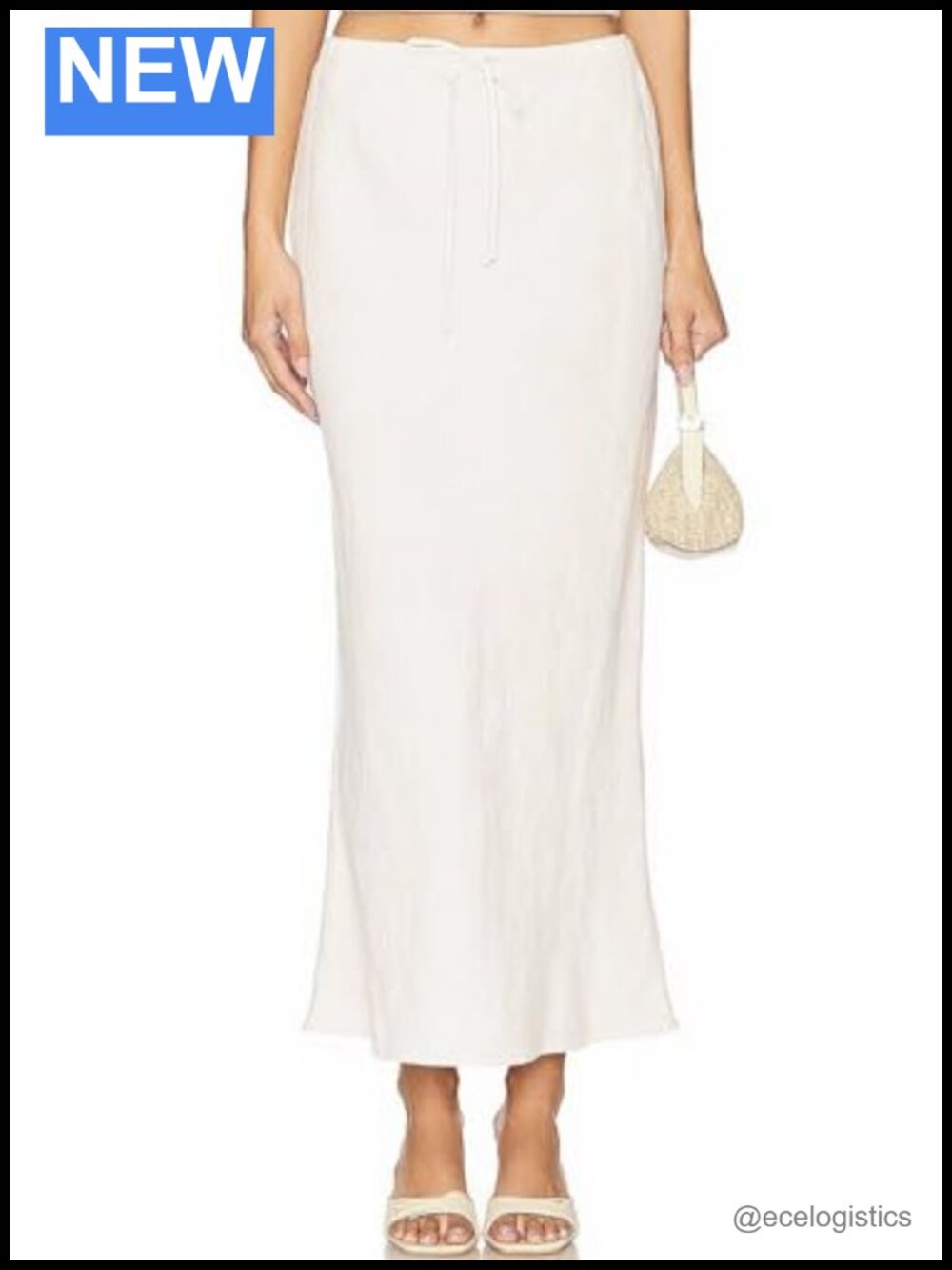 Linen Maxi Skirt with Lining Drawstring Flowy Flared Long Skirt White